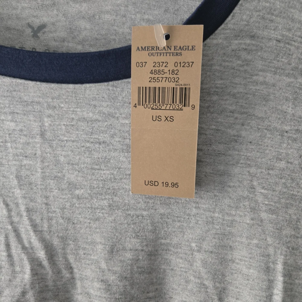 American Eagle Outfitters Grey Tee with Pink Sleeves and Navy Trim - Picture 2 of 5